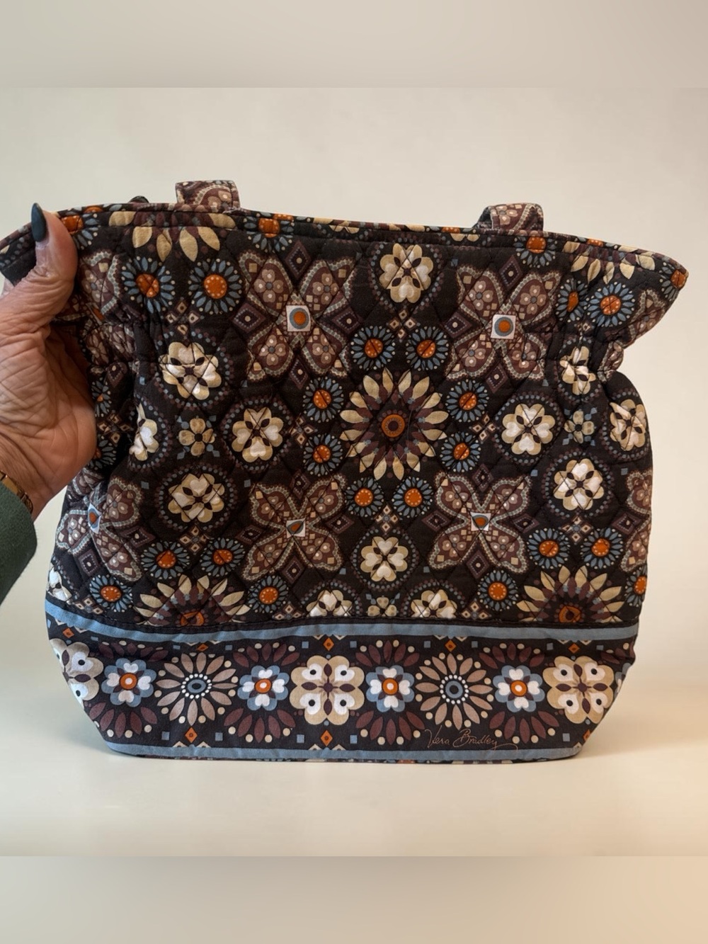 Vera Bradley Quilted Floral Tote Bag – Brown, Blue & Orange